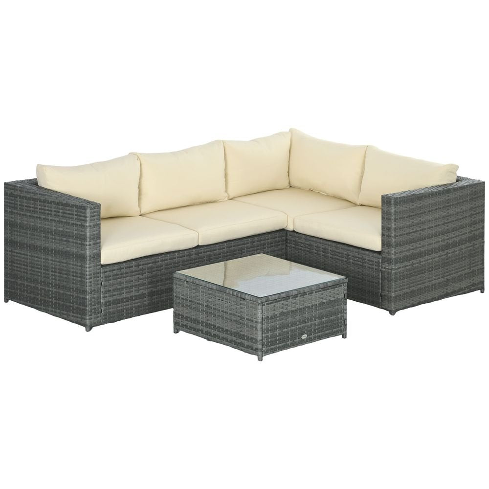 Outsunny 3Pcs Rattan Corner Sofa Set Coffee Table Garden Furniture w/ Cushion - SILVIONIX