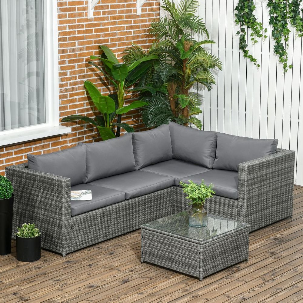 Outsunny 3Pcs Rattan Corner Sofa Set Coffee Table Garden Furniture w/ Cushion - SILVIONIX