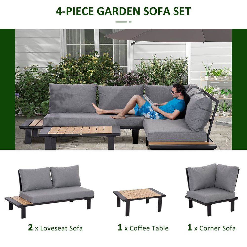 Outsunny 4 PCS Garden Furniture Conversation Set w/ Loveseat Table, Grey - SILVIONIX