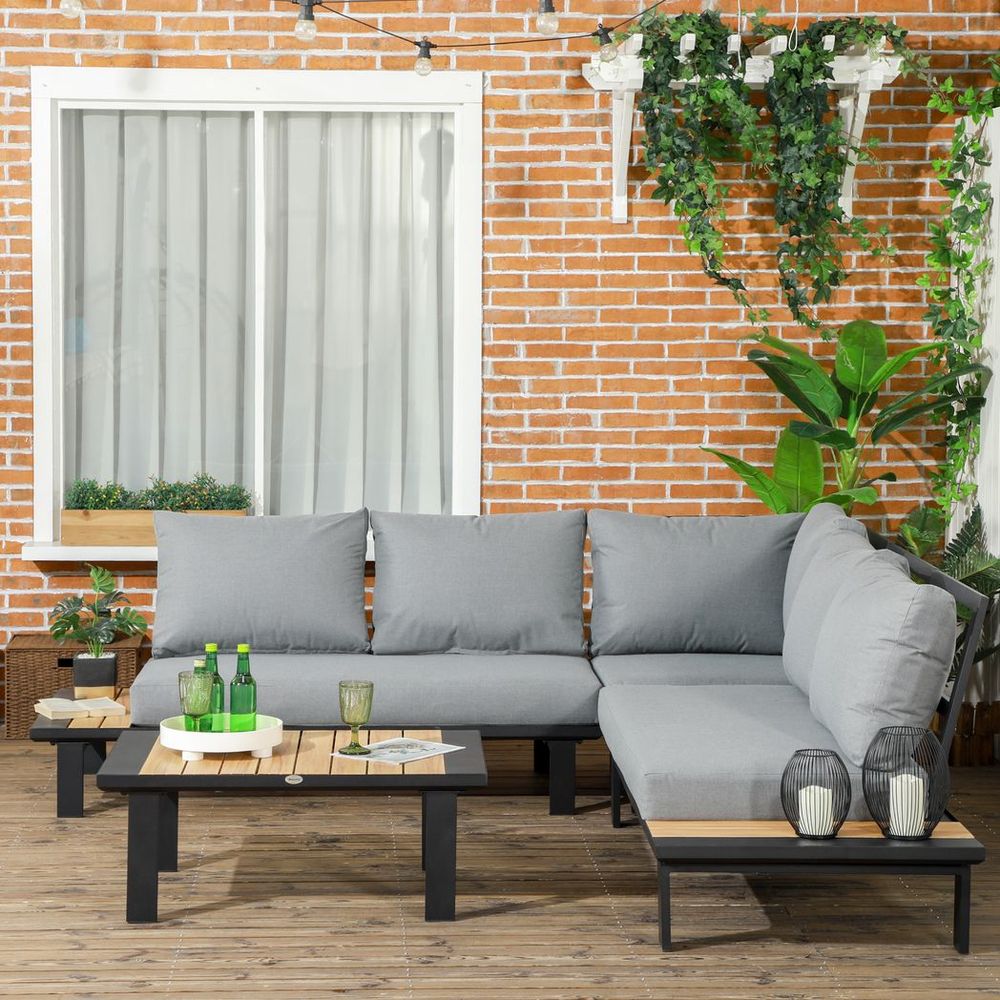 Outsunny 4 PCS Garden Furniture Conversation Set w/ Loveseat Table, Grey - SILVIONIX