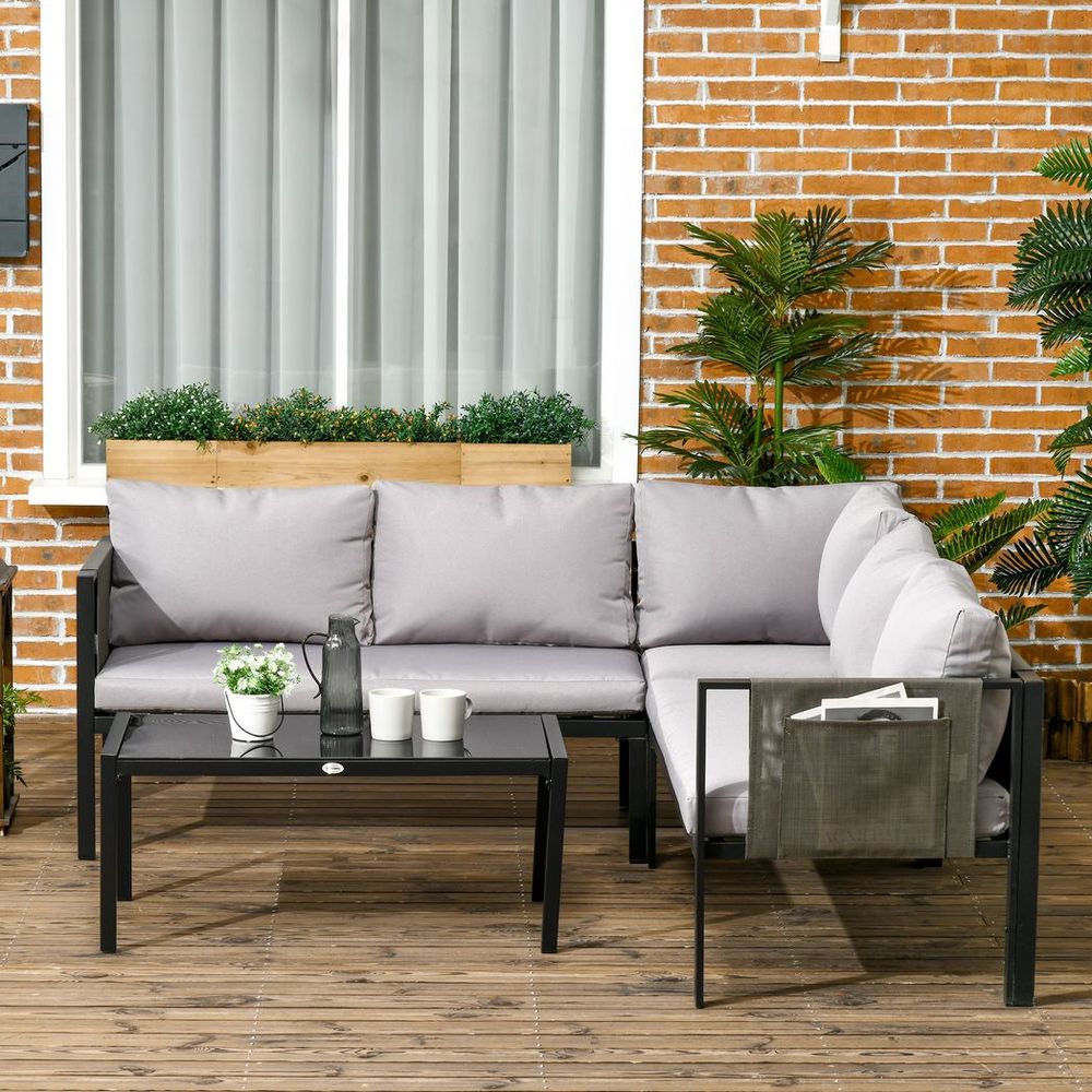 Outsunny 4 Piece Garden Furniture Set w/ Breathable Mesh Pocket, Light Grey - SILVIONIX