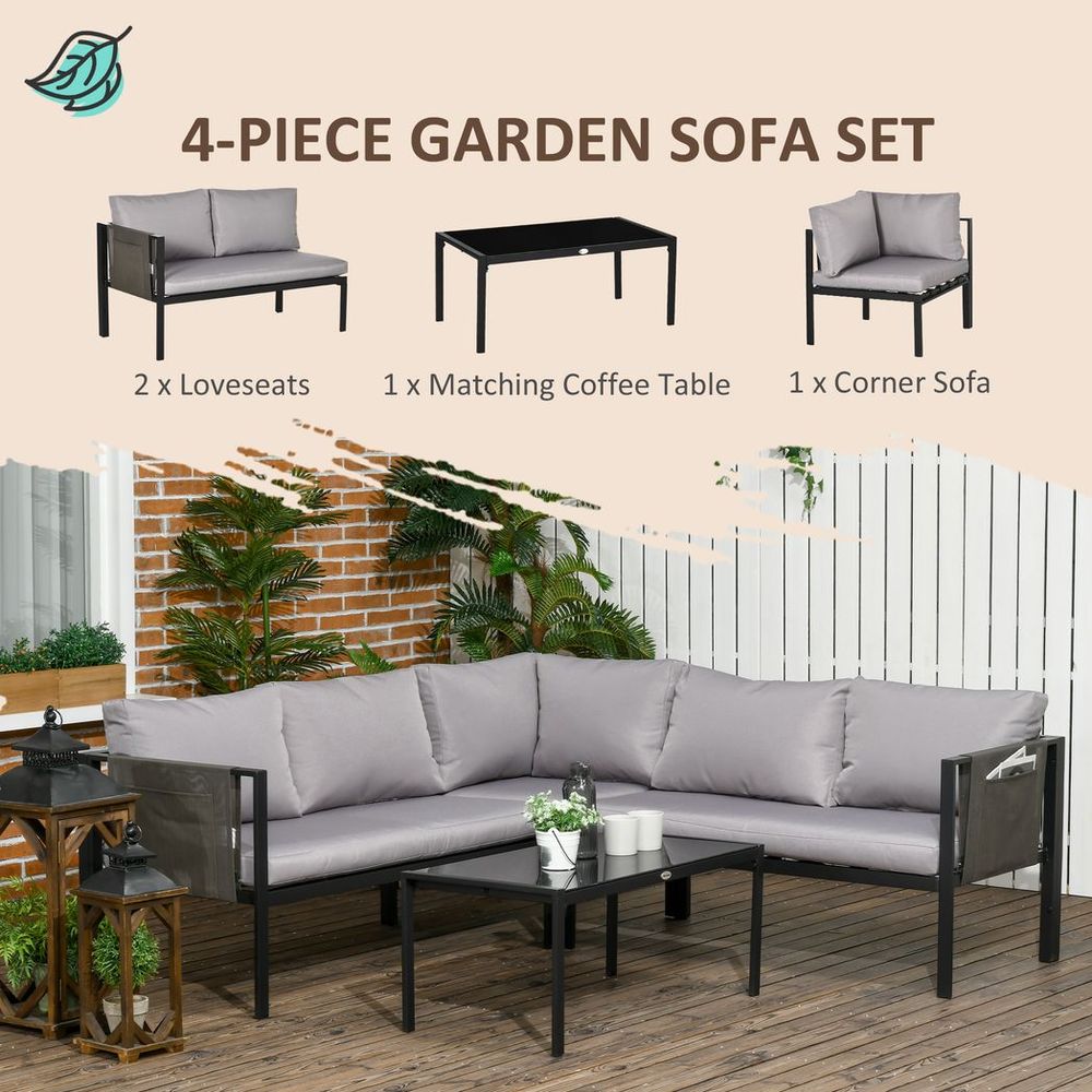 Outsunny 4 Piece Garden Furniture Set w/ Breathable Mesh Pocket, Light Grey - SILVIONIX