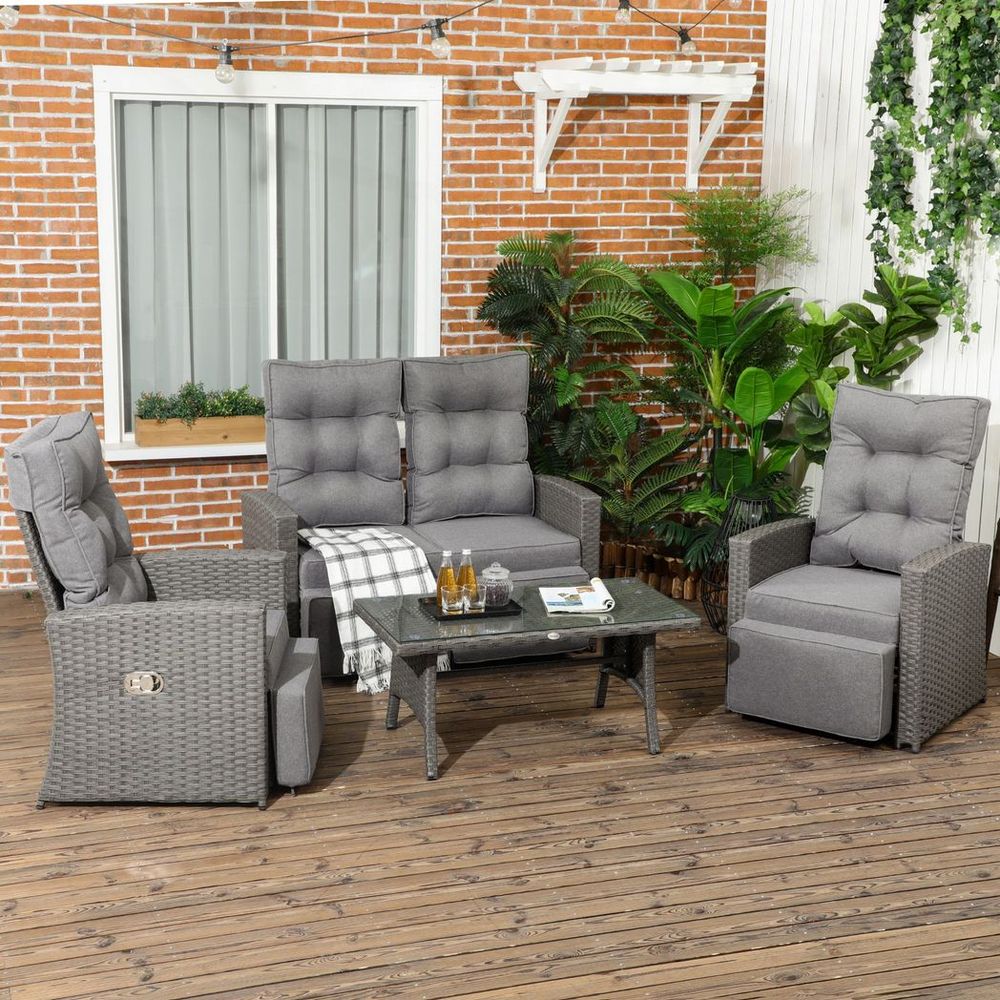 Outsunny 4 Piece Rattan Garden Furniture Set with Sofa, Glass Table, Grey - SILVIONIX