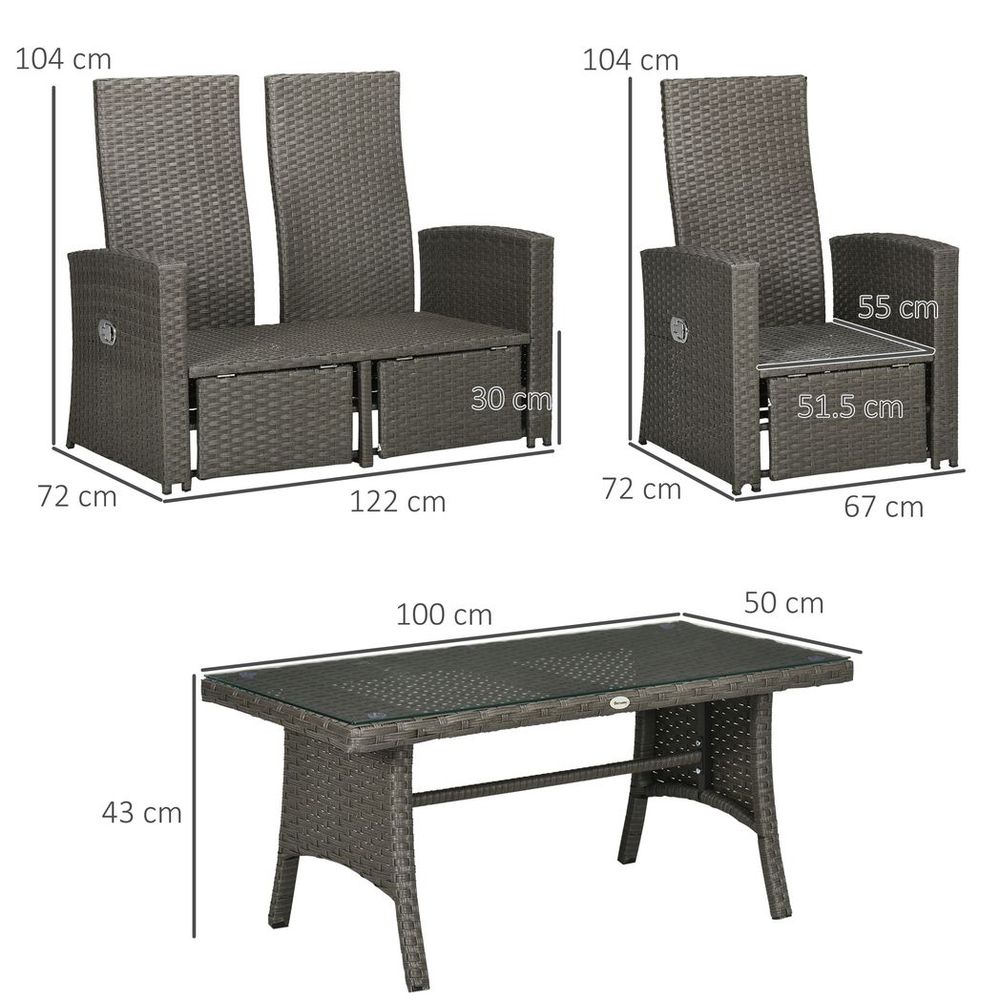 Outsunny 4 Piece Rattan Garden Furniture Set with Sofa, Glass Table, Grey - SILVIONIX