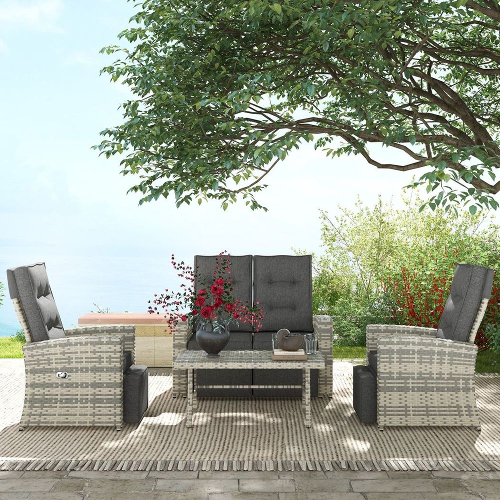 Outsunny 4 Piece Rattan Garden Furniture Set with Sofa, Glass Table, Light Grey - SILVIONIX