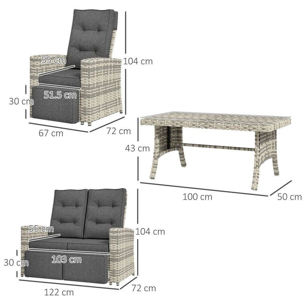 Outsunny 4 Piece Rattan Garden Furniture Set with Sofa, Glass Table, Light Grey - SILVIONIX