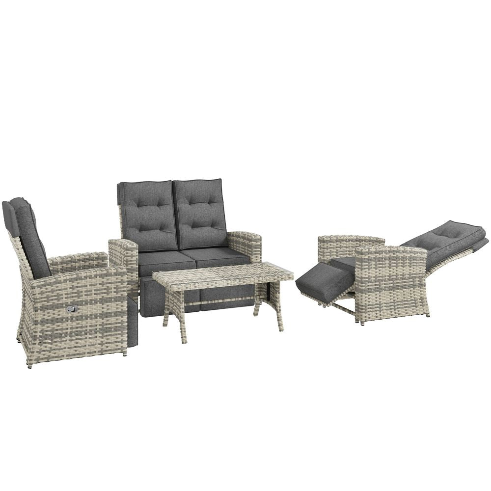 Outsunny 4 Piece Rattan Garden Furniture Set with Sofa, Glass Table, Light Grey - SILVIONIX