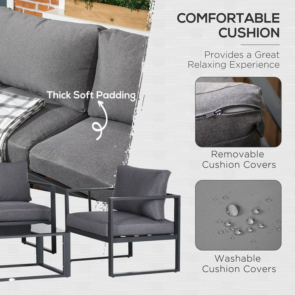 Outsunny 4 Pieces Garden Sectional Sofa Table Furniture Set Aluminium w/ Cushion - SILVIONIX