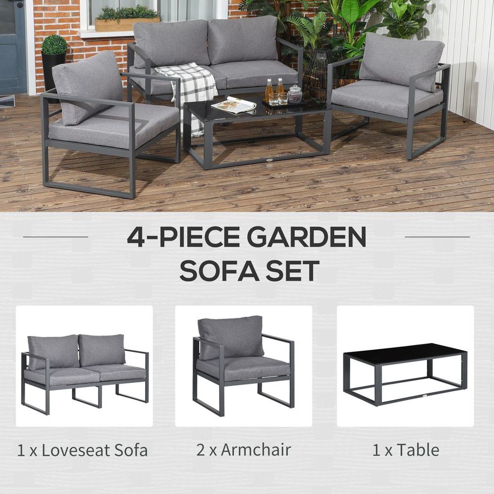 Outsunny 4 Pieces Garden Sectional Sofa Table Furniture Set Aluminium w/ Cushion - SILVIONIX