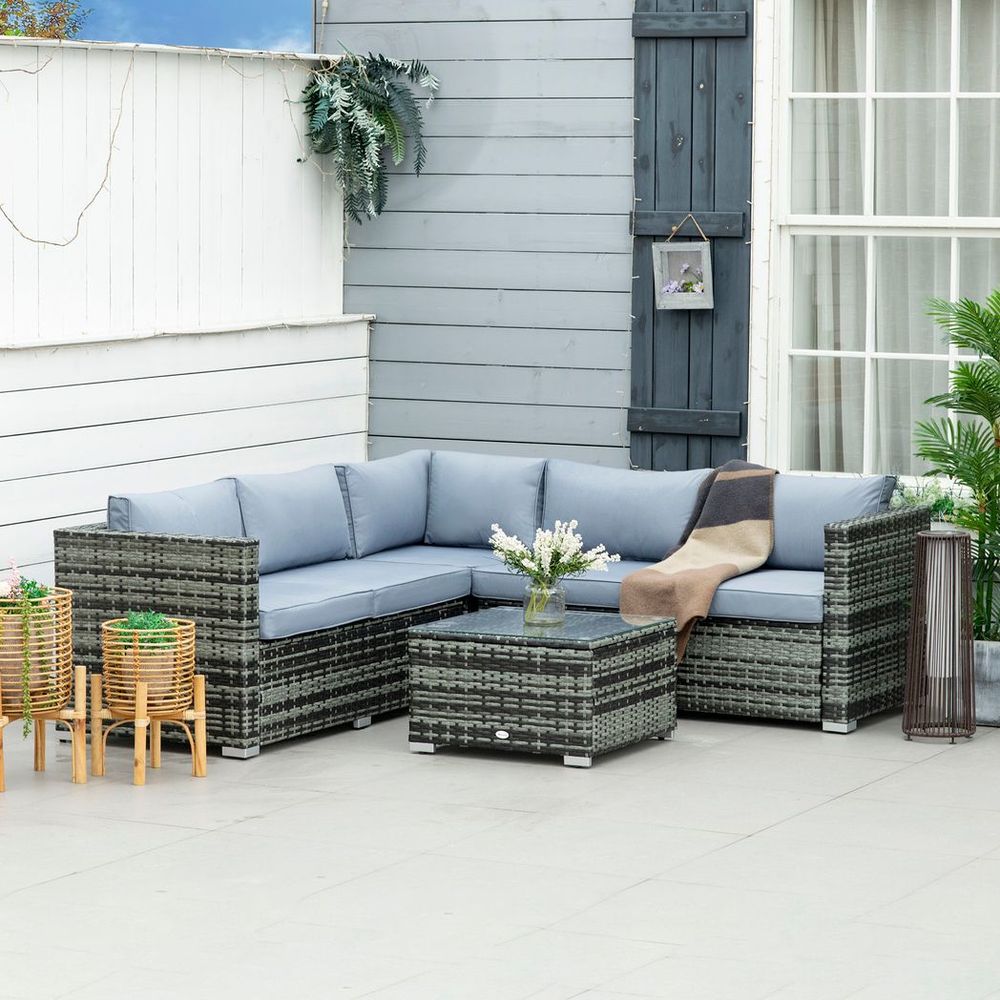 Outsunny 4 Pieces Rattan Furniture Sofa Set Chair w/ Corner Sofa Loveseat Grey - SILVIONIX