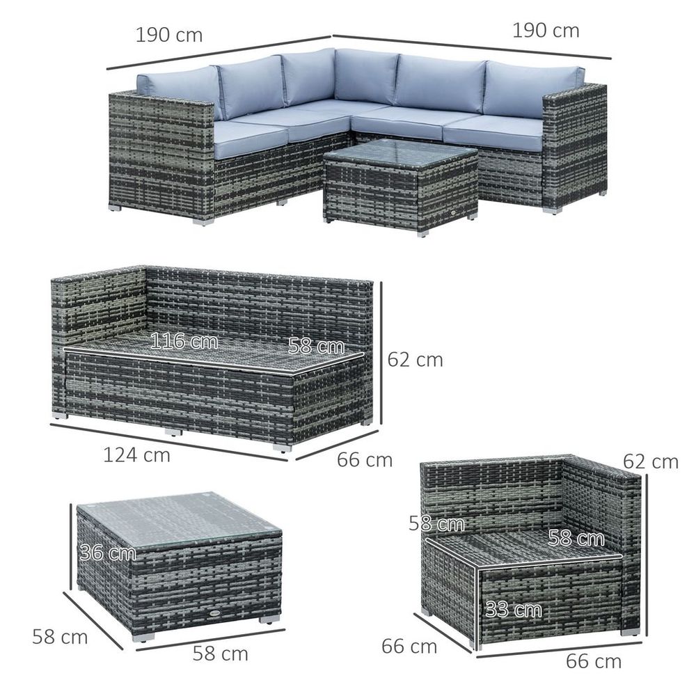 Outsunny 4 Pieces Rattan Furniture Sofa Set Chair w/ Corner Sofa Loveseat Grey - SILVIONIX