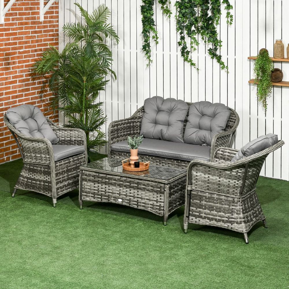 Outsunny 4 Pieces Rattan Sofa Set Outdoor Conservatory Furniture with Cushions - SILVIONIX