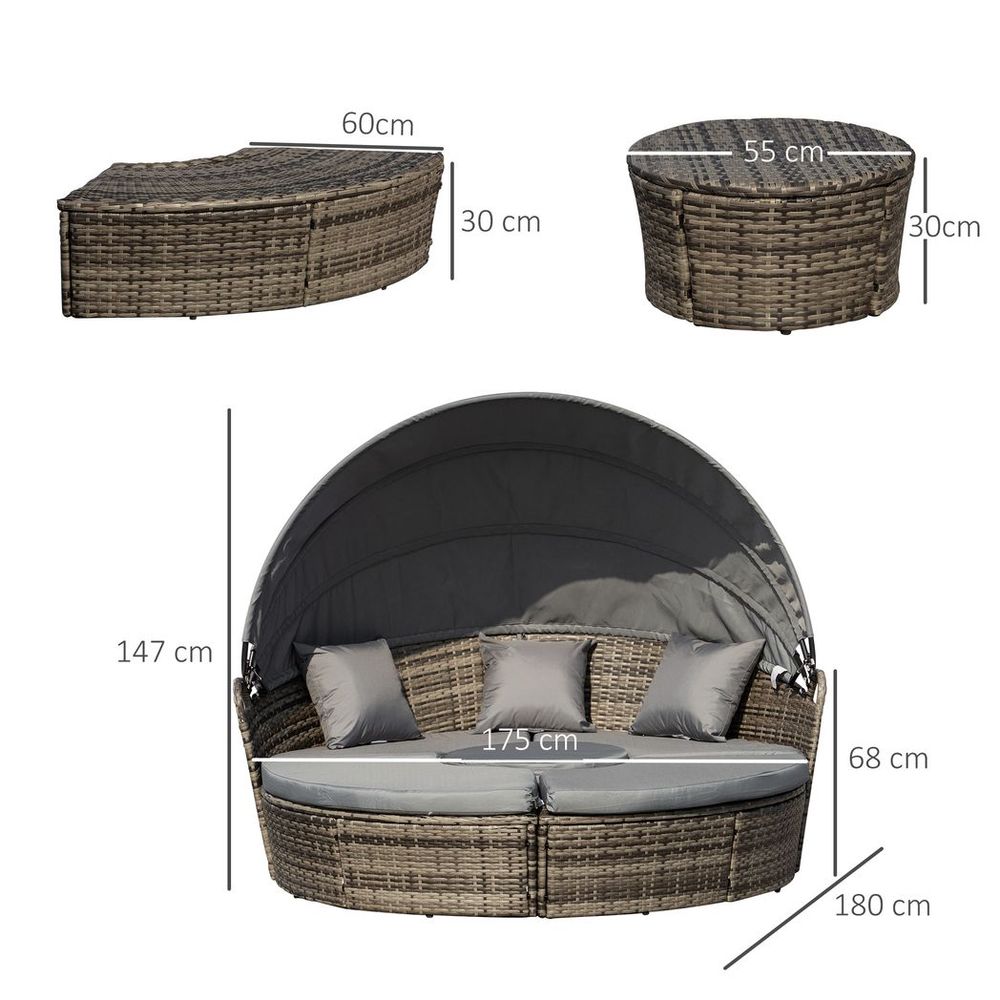 Outsunny 5 PCs Cushioned Outdoor Plastic Rattan Round Sofa Bed Table Set Grey - SILVIONIX