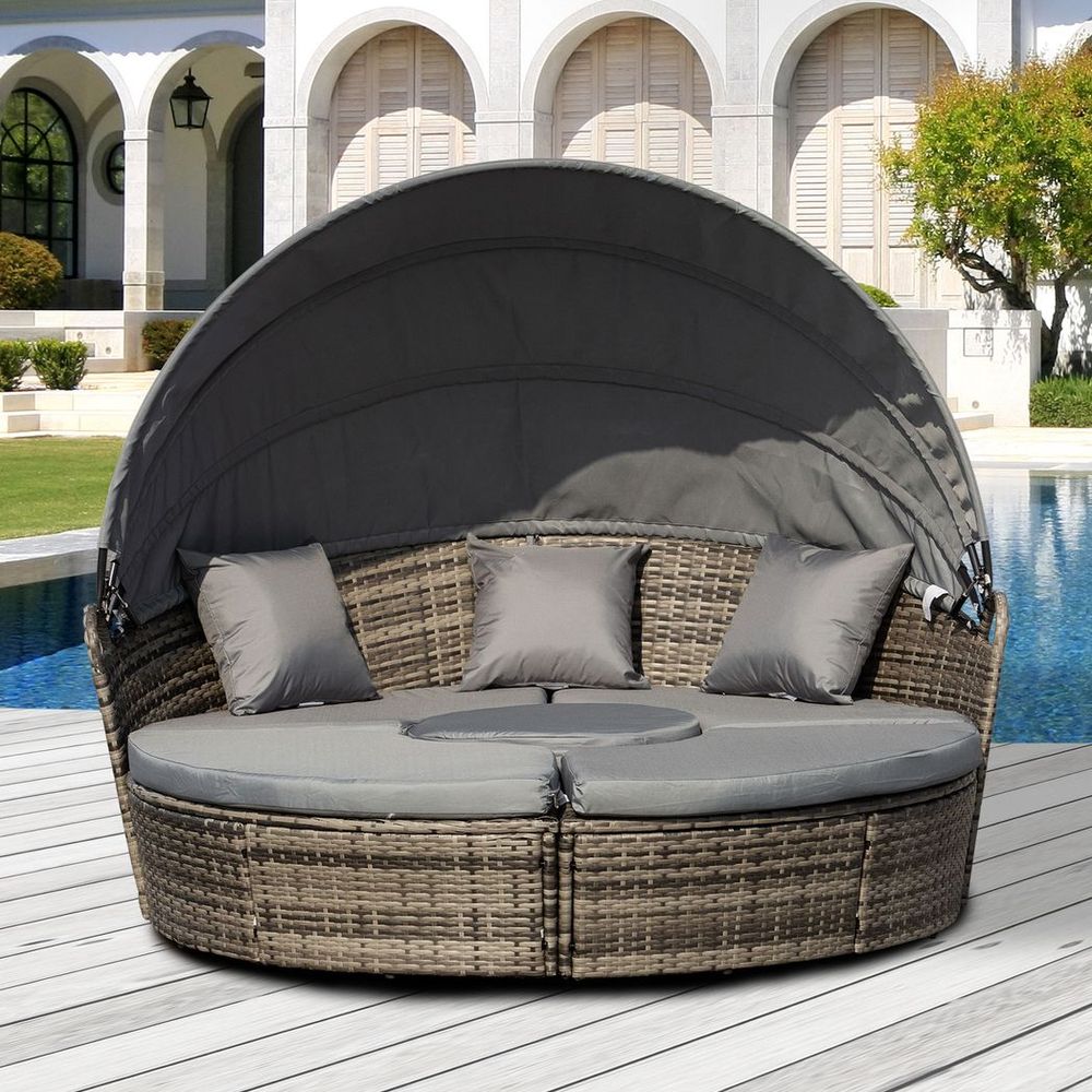 Outsunny 5 PCs Cushioned Outdoor Plastic Rattan Round Sofa Bed Table Set Grey - SILVIONIX