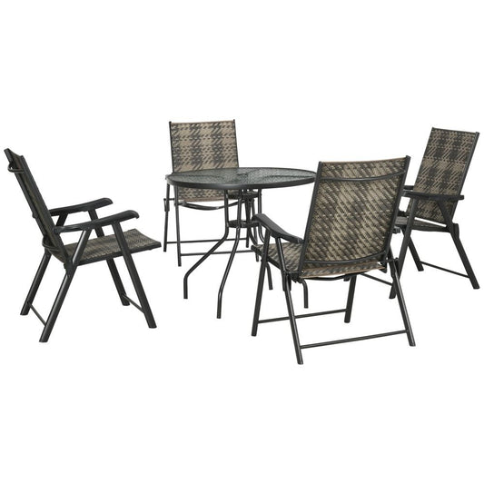 Outsunny 5 PCs Rattan Dining Sets w/ Umbrella Hole Table & Folding Armchair - SILVIONIX