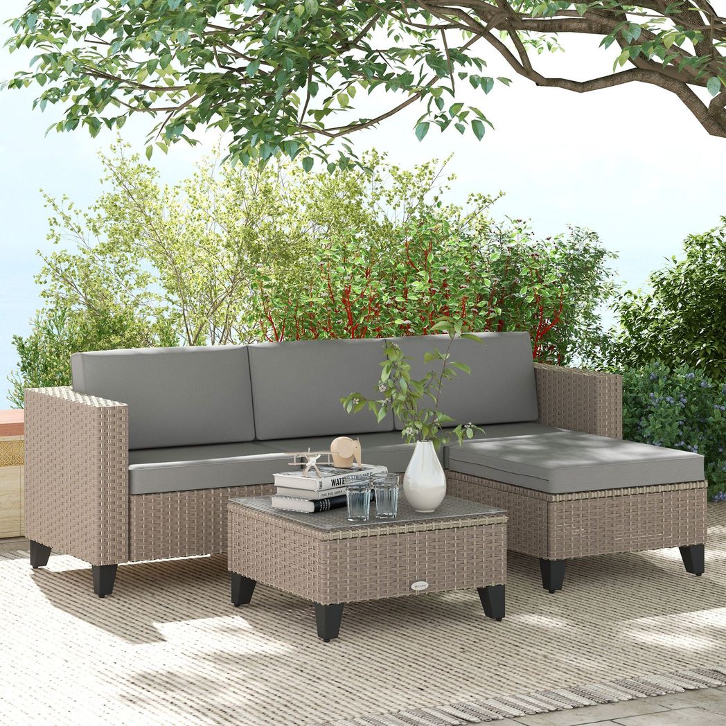 Outsunny 5 PCs Rattan Garden Furniture Set with Glass Coffee Table, Brown - SILVIONIX