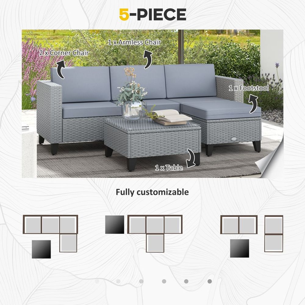 Outsunny 5 PCs Rattan Garden Furniture Set with Glass Coffee Table, Grey - SILVIONIX