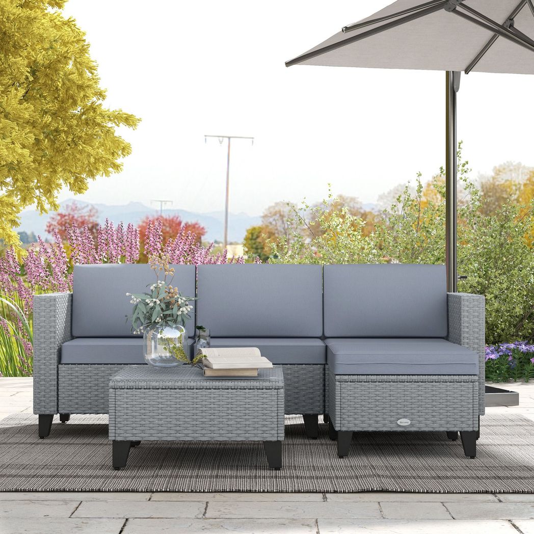 Outsunny 5 PCs Rattan Garden Furniture Set with Glass Coffee Table, Grey - SILVIONIX