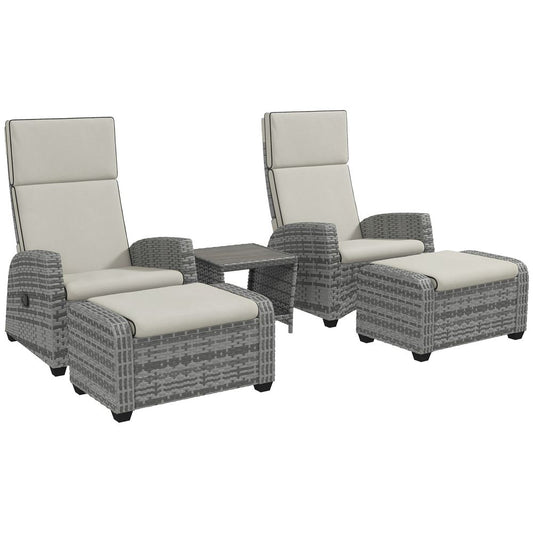 Outsunny 5 PCs Rattan Garden Furniture Set with Reclining Chairs, Table, Grey - SILVIONIX