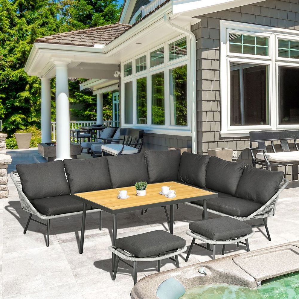 Outsunny 5 Piece Rattan Garden Furniture Set with Sofa, Coffee Table, Grey - SILVIONIX