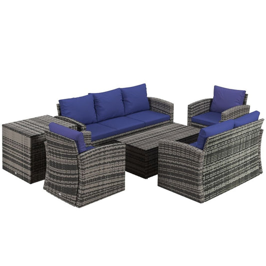 Outsunny 6 PCS Patio Rattan Sofa Set Conversation Furniture with Storage Blue - SILVIONIX