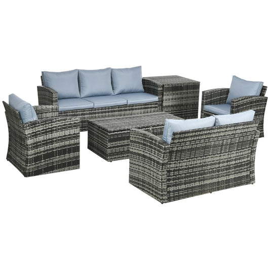 Outsunny 6 PCS Patio Rattan Sofa Set Conversation Furniture with Storage Grey - SILVIONIX