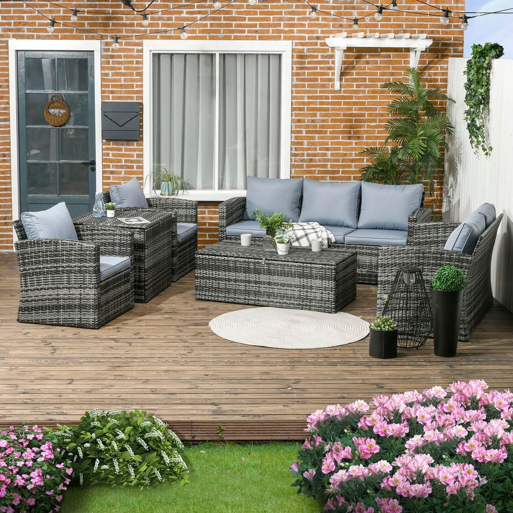 Outsunny 6 PCS Patio Rattan Sofa Set Conversation Furniture with Storage Grey - SILVIONIX