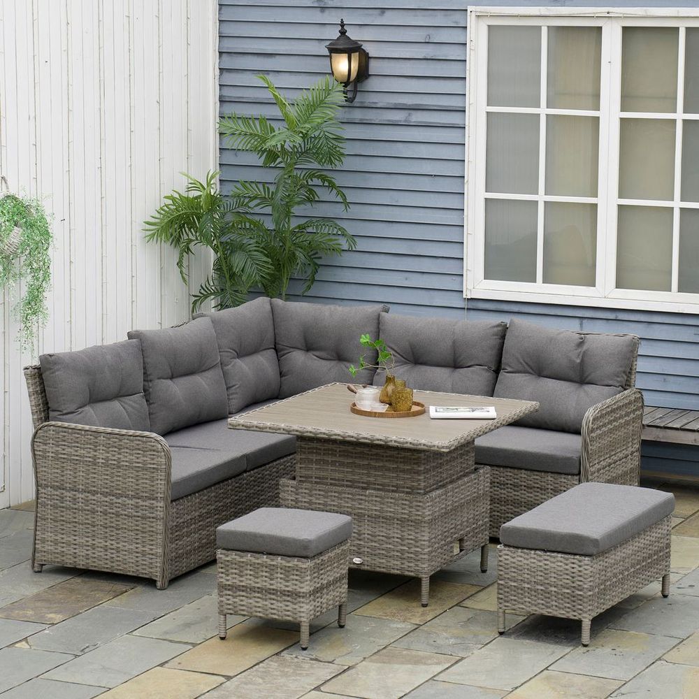 Outsunny 6 PCs Rattan Garden Furniture Sectional Conversation Corner Sofa - SILVIONIX