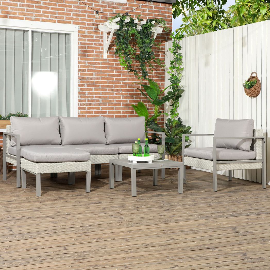 Outsunny 6 PCs Rattan Garden Furniture Set with Table, Cushion, Light Grey - SILVIONIX