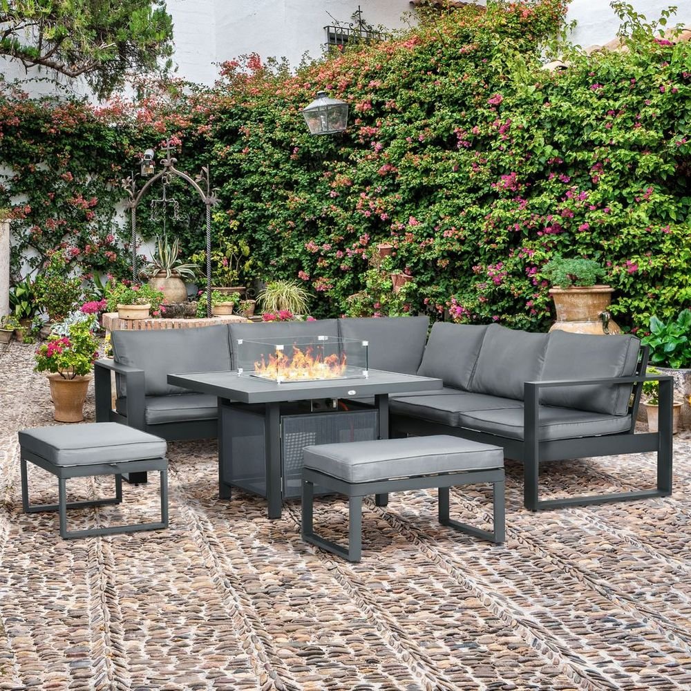 Outsunny 6 - Piece Garden Furniture Set with Firepit Table Outdoor Sofa Aluminium - SILVIONIX