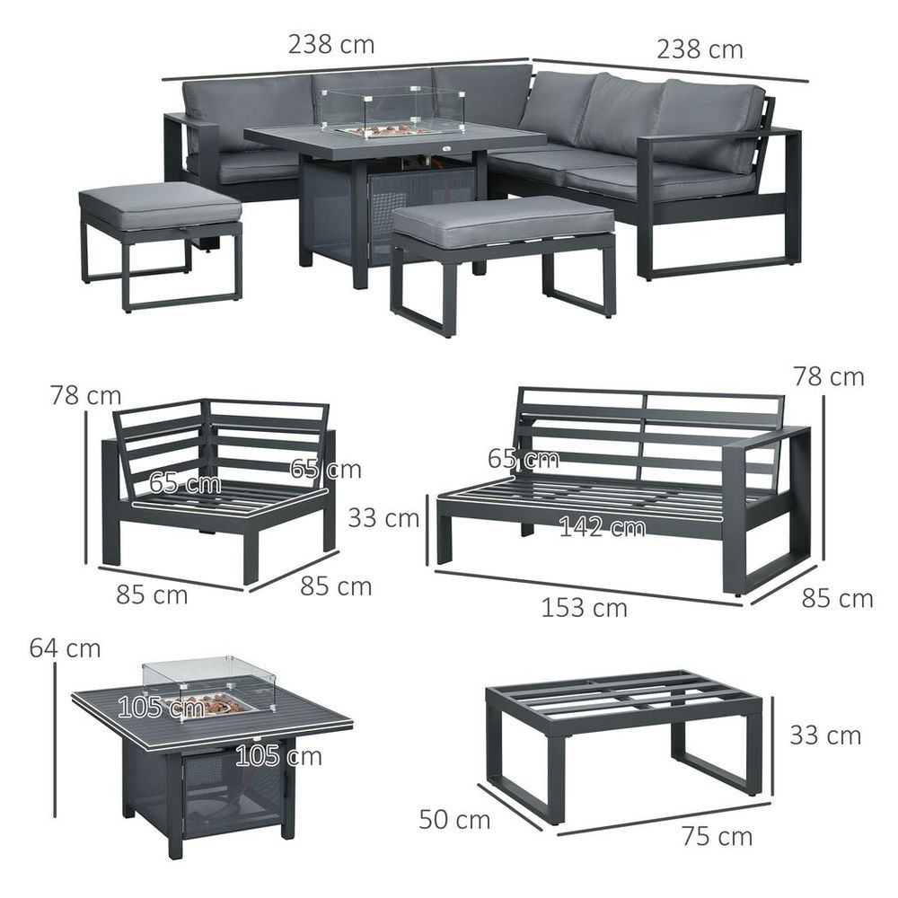 Outsunny 6 - Piece Garden Furniture Set with Firepit Table Outdoor Sofa Aluminium - SILVIONIX