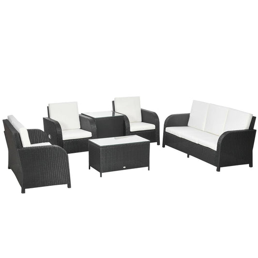 Outsunny 6 Piece Rattan Garden Furniture Set with Sofa, Glass Table, Black - SILVIONIX