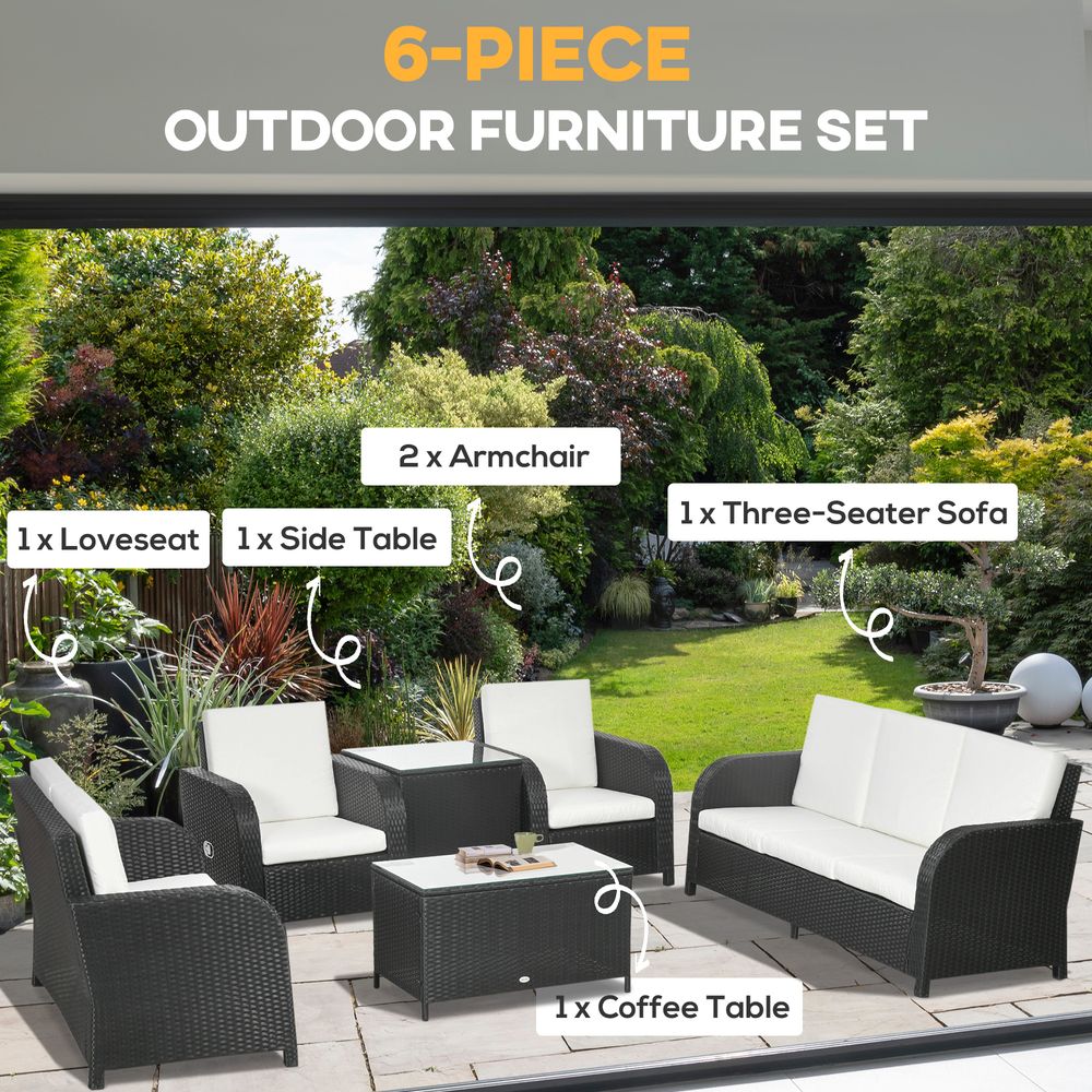 Outsunny 6 Piece Rattan Garden Furniture Set with Sofa, Glass Table, Black - SILVIONIX