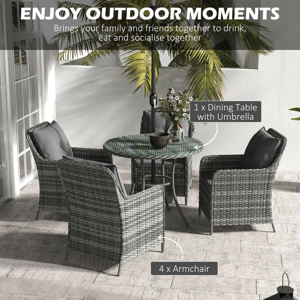 Outsunny 6 Pieces Rattan Garden Furniture with Umbrella, Cushions - Mix Grey - SILVIONIX