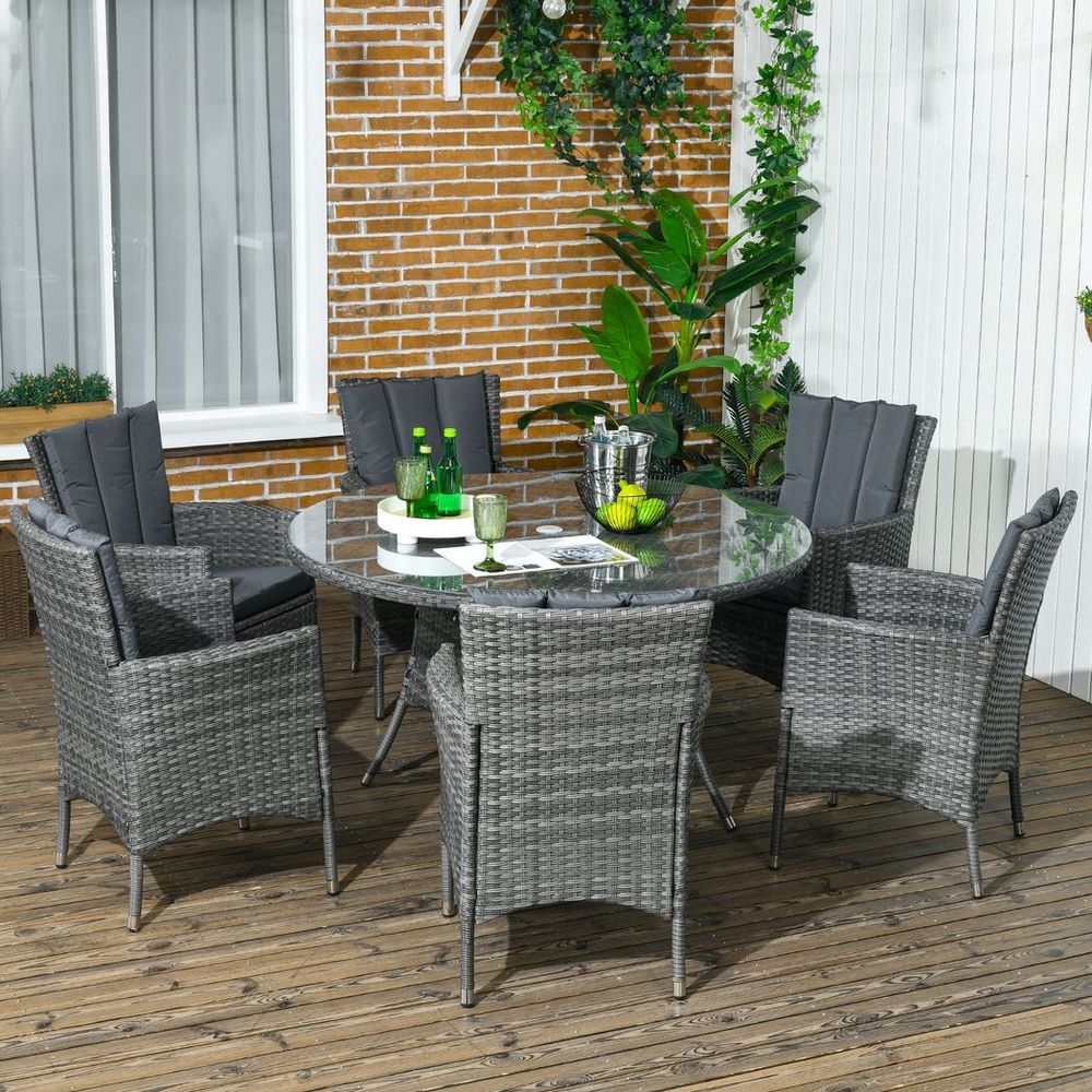 Outsunny 6 Seater Rattan Garden Furniture Set w/ Glass Tabletop, Mixed Grey - SILVIONIX