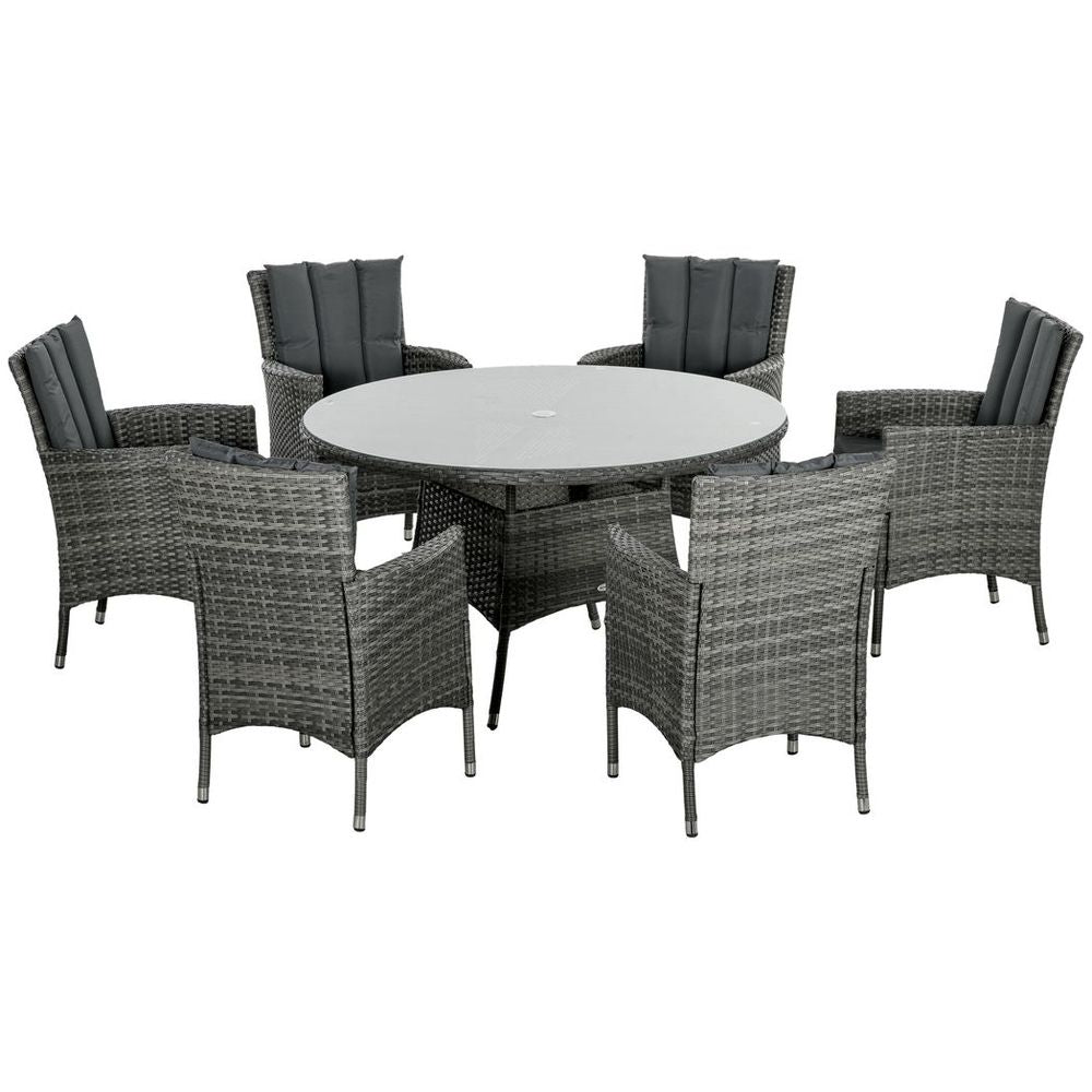 Outsunny 6 Seater Rattan Garden Furniture Set w/ Glass Tabletop, Mixed Grey - SILVIONIX