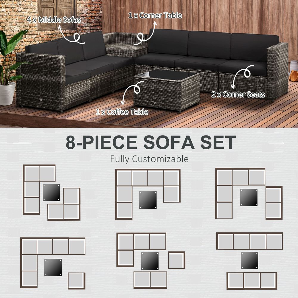 Outsunny 6 - Seater Rattan Sofa Furniture Set W/ Cushions, Steel Frame - Grey - SILVIONIX