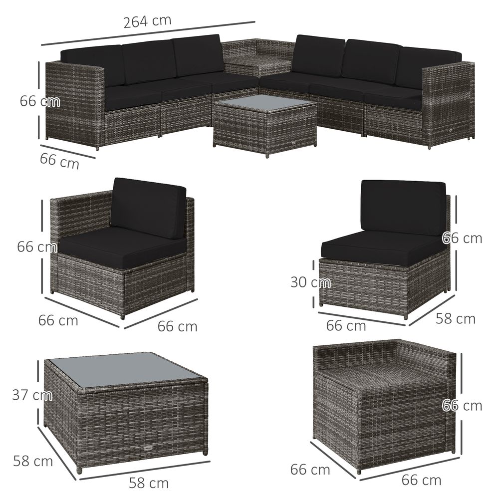 Outsunny 6 - Seater Rattan Sofa Furniture Set W/ Cushions, Steel Frame - Grey - SILVIONIX