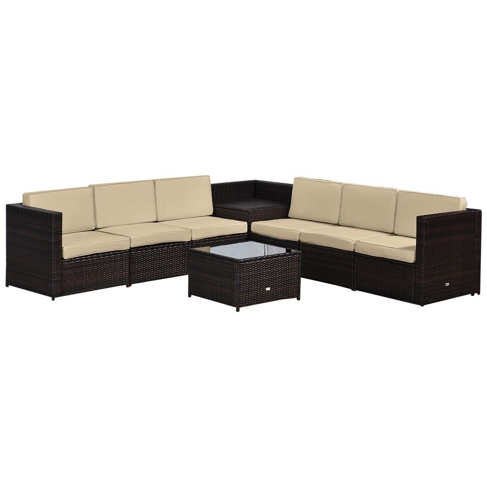 Outsunny 6 - Seater Rattan Sofa Furniture Set W/Cushions, Steel Frame - Brown - SILVIONIX