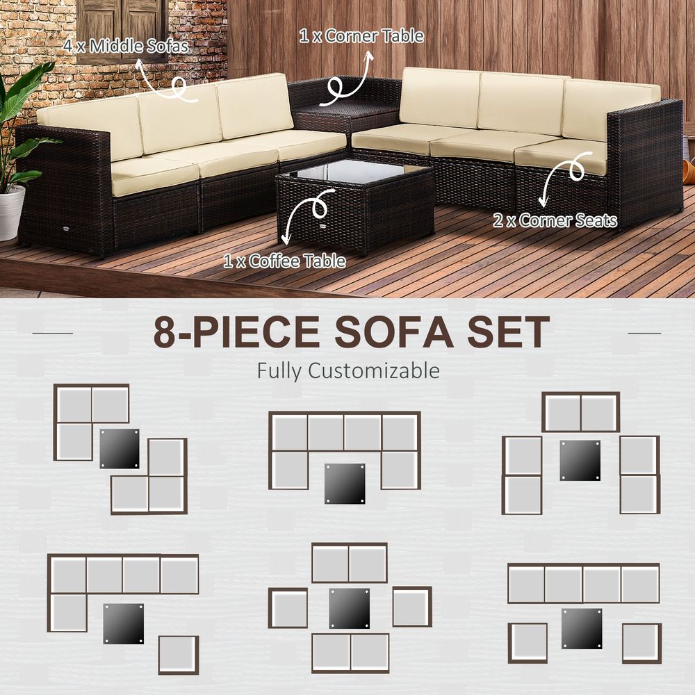 Outsunny 6 - Seater Rattan Sofa Furniture Set W/Cushions, Steel Frame - Brown - SILVIONIX