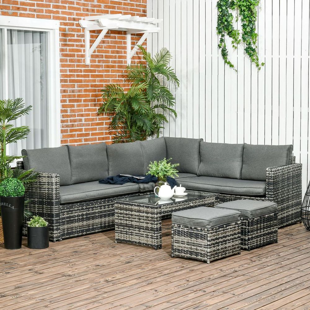 Outsunny 6pcs Garden Furniture Sofa Set, Rattan 3 Armchairs 2 Footstools Table - SILVIONIX