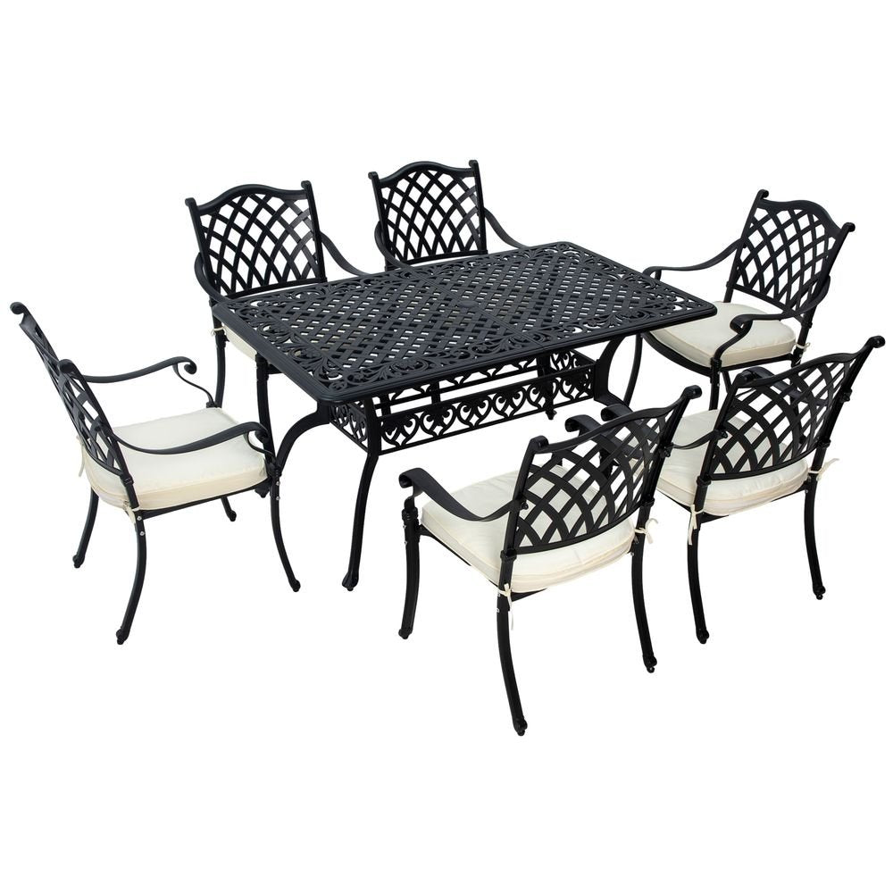 Outsunny 7 - PC Cast Aluminium Patio Dining Set w/ Umbrella Hole & Cushion, Black - SILVIONIX