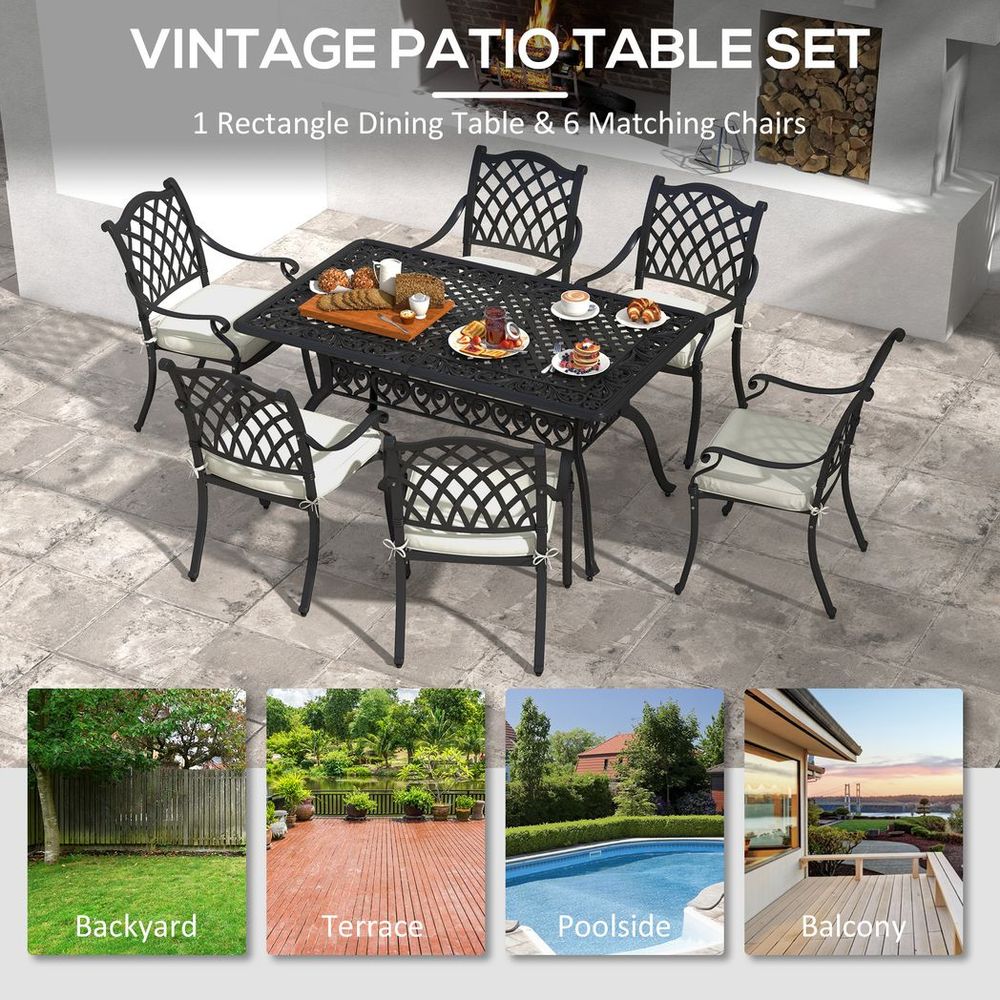 Outsunny 7 - PC Cast Aluminium Patio Dining Set w/ Umbrella Hole & Cushion, Black - SILVIONIX