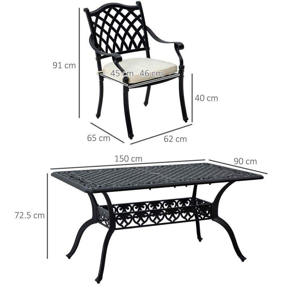 Outsunny 7 - PC Cast Aluminium Patio Dining Set w/ Umbrella Hole & Cushion, Black - SILVIONIX