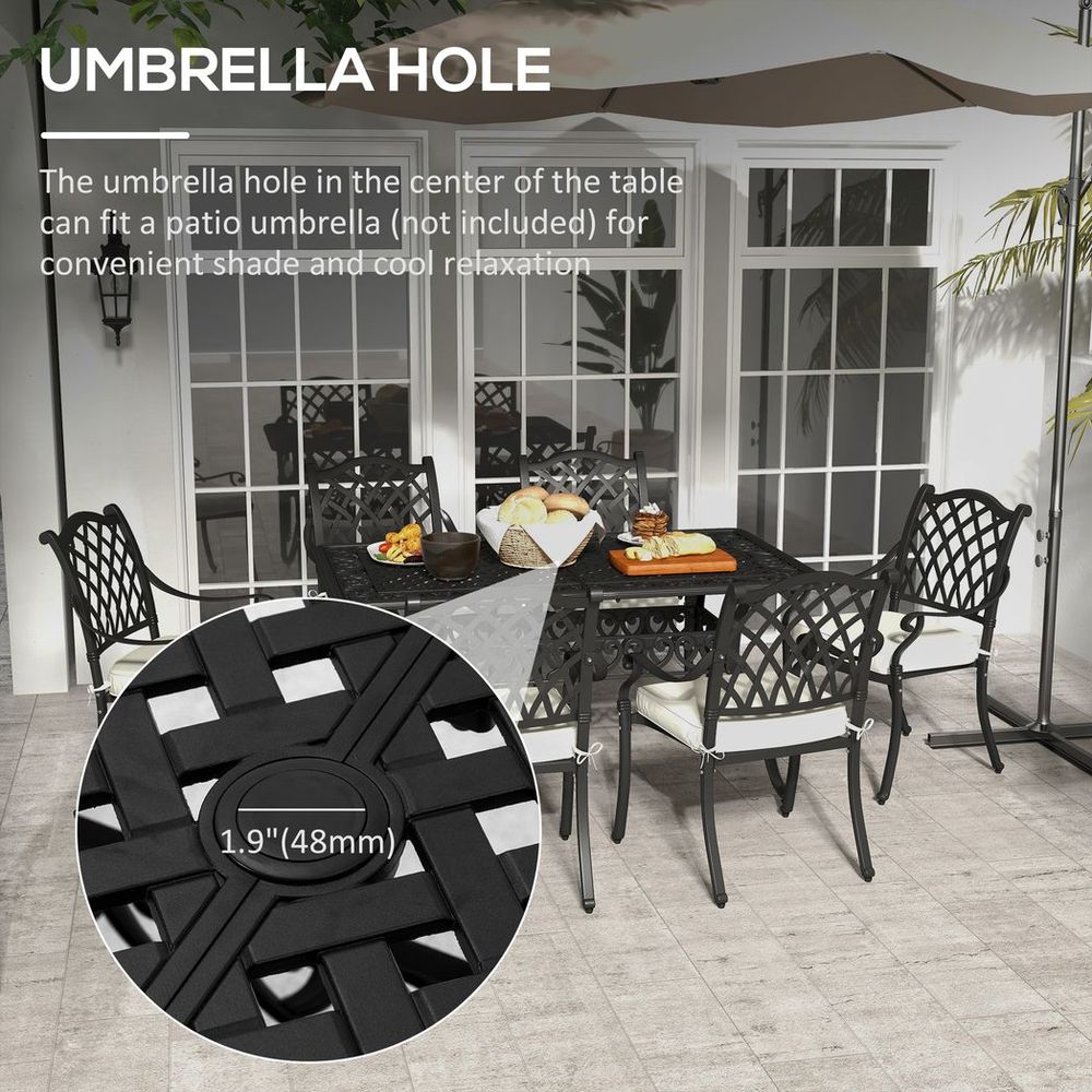 Outsunny 7 - PC Cast Aluminium Patio Dining Set w/ Umbrella Hole & Cushion, Black - SILVIONIX