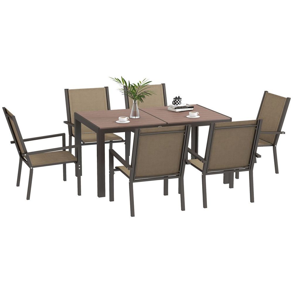 Outsunny 7 PCs Garden Dining Set, Wood - plastic Composite Table & 6 Chairs, Khaki - SILVIONIX