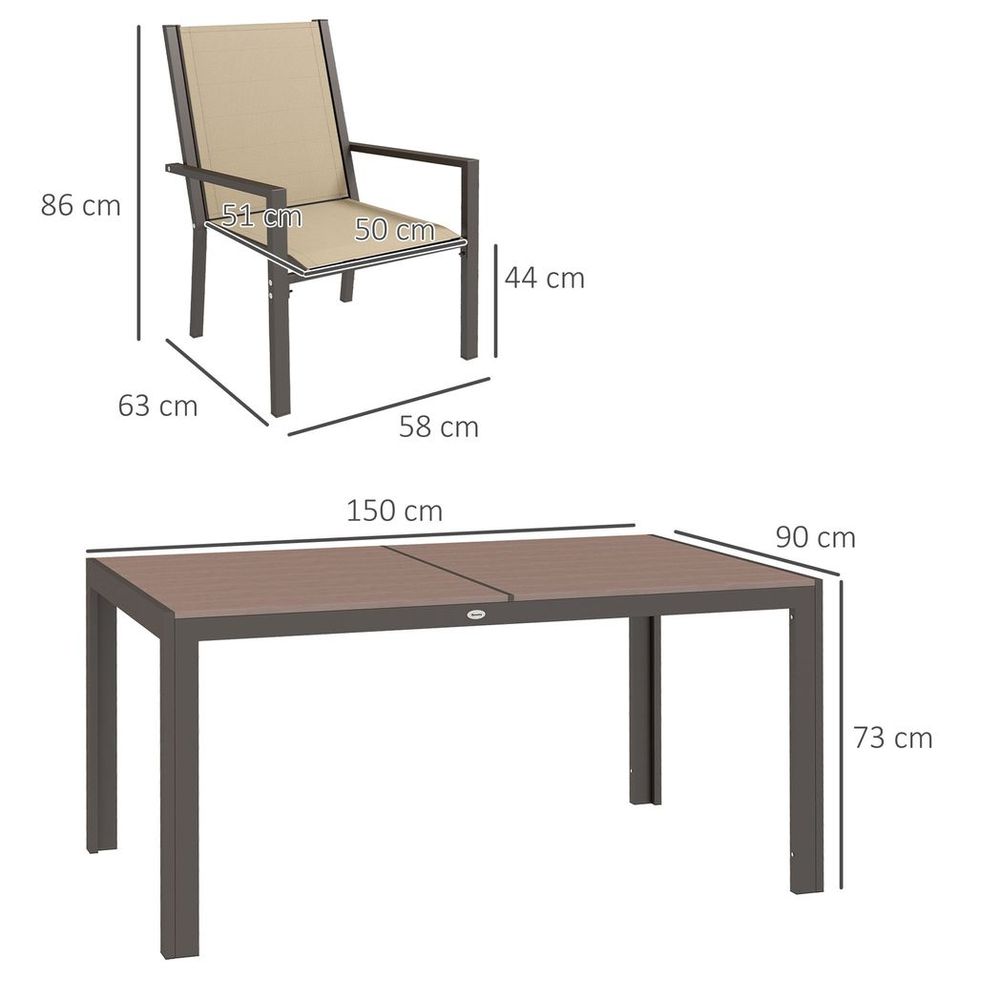 Outsunny 7 PCs Garden Dining Set, Wood - plastic Composite Table & 6 Chairs, Khaki - SILVIONIX