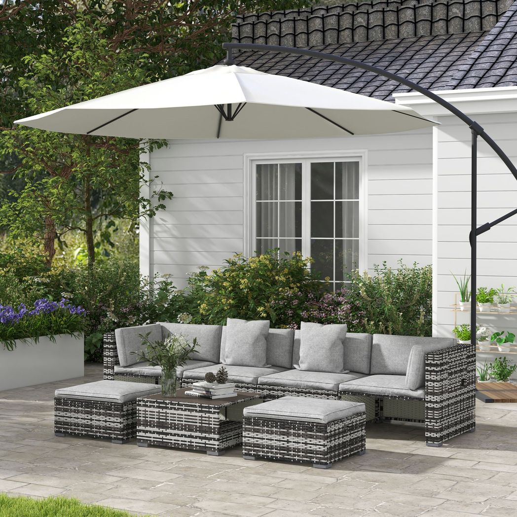 Outsunny 7 PCs Rattan Garden Furniture Set with Side Shelf, Stools, Table, Grey - SILVIONIX