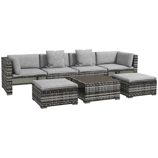 Outsunny 7 PCs Rattan Garden Furniture Set with Side Shelf, Stools, Table, Grey - SILVIONIX