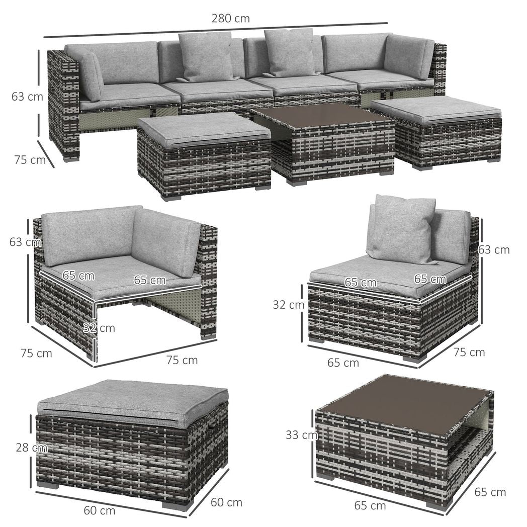 Outsunny 7 PCs Rattan Garden Furniture Set with Side Shelf, Stools, Table, Grey - SILVIONIX